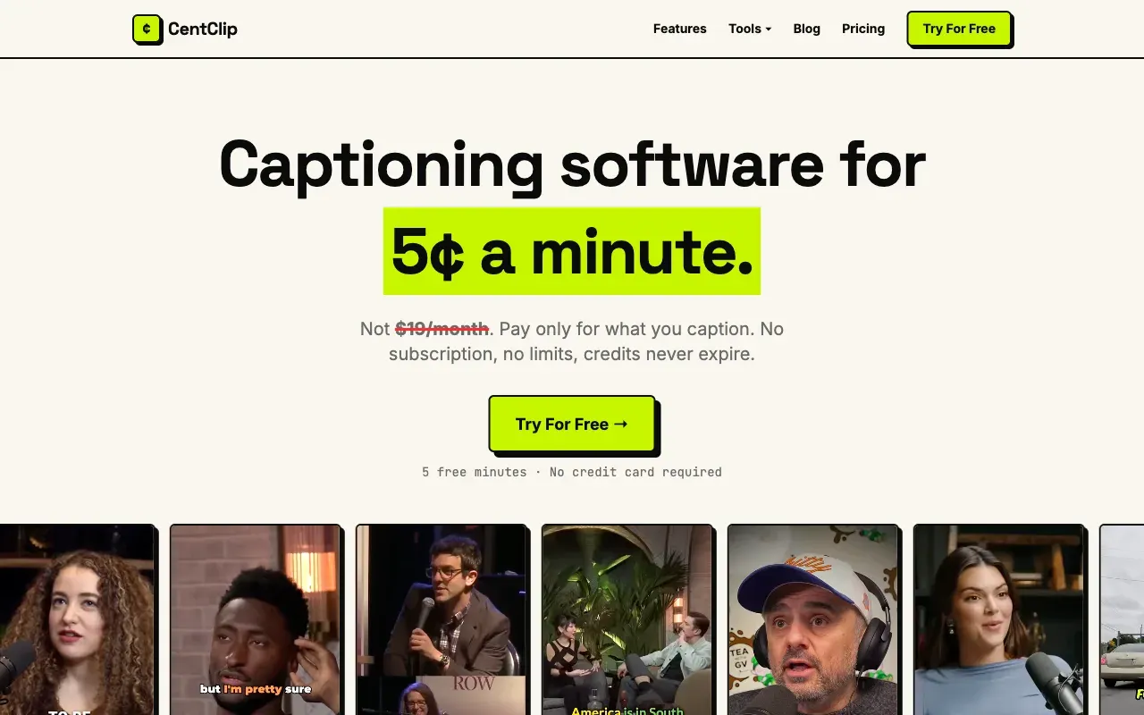 CentClip homepage, showing the pay-per-minute captioning pitch
