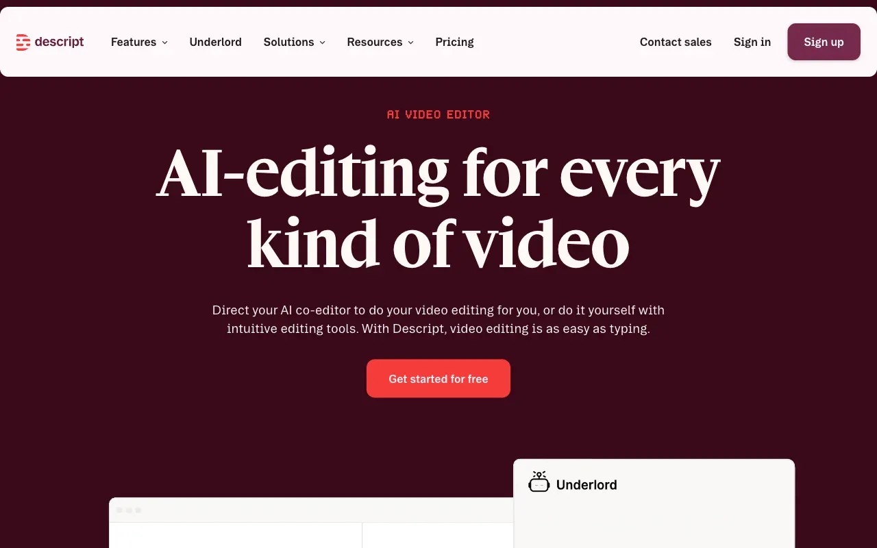 Descript homepage, showing its AI video and podcast editor