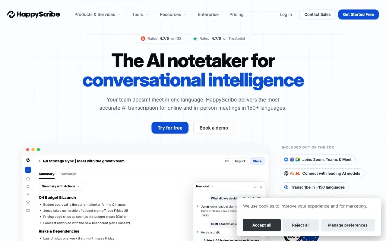 Happy Scribe homepage, showing its transcription and captioning platform