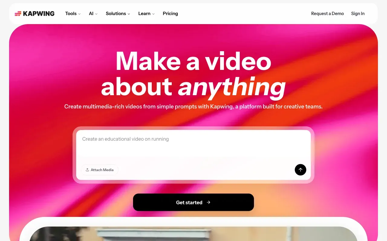 Kapwing homepage, showing its online video maker