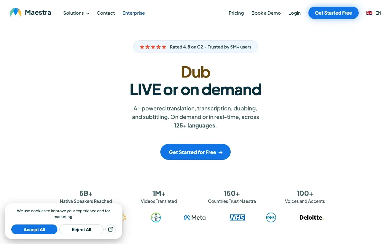 Maestra homepage, showing its AI media localization platform