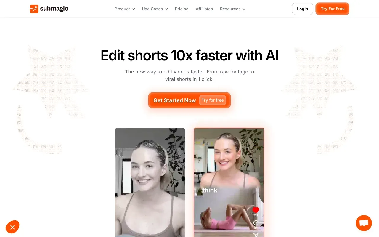 Submagic homepage, showing its short-form caption editor
